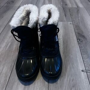 Sorel Tromper II Duck Boots Winter Black Faux Fur Lined White Womens 6-6.5 app*
